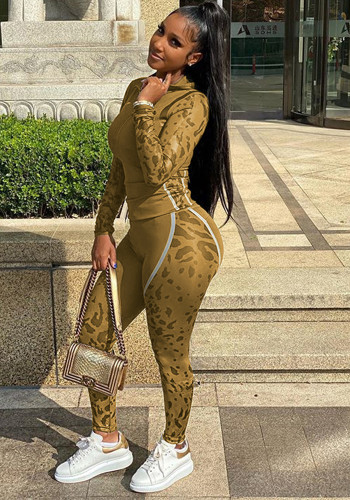 Women Spring Yellow Hooded Full Sleeves Printed Zippers Tight Full Length Sweatsuit