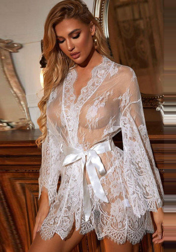 Robe à manches longues en dentelle blanche pour femmes trois pièces vêtements de nuit sexy