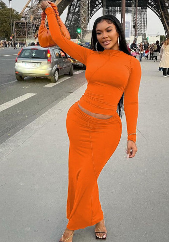 Women Spring Orange Casual O-Neck Full Sleeves Solid Regular MidiTwo Piece Skirt Set
