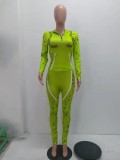 Women Spring Light Green Hooded Full Sleeves Printed Zippers Tight Full Length Sweatsuit