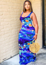Женское летнее синее повседневное длинное платье без рукавов с U-образным вырезом и принтом