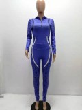 Women Spring Blue Hooded Full Sleeves Printed Zippers Tight Full Length Sweatsuit