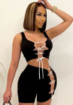Conjunto de pantalones cortos de dos piezas ajustados con cordones sin mangas con cuello en V sexy negro de verano para mujer