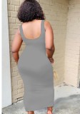 Women Summer Grey U-Neck Sleeveless Character Print Midi Asymmetrical Tank Dress