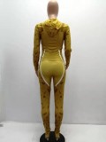 Women Spring Yellow Hooded Full Sleeves Printed Zippers Tight Full Length Sweatsuit