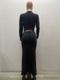Women Spring Black Casual O-Neck Full Sleeves Regular MidiTwo Piece Skirt Set