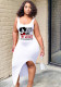 Women Summer White U-Neck Sleeveless Character Print Asymmetrical Tank Dress
