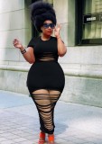 Women Summer Black Casual O-Neck Short Sleeves Solid Ripped Hollow Out Midi Plus Size Long Dress