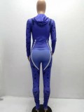 Women Spring Blue Hooded Full Sleeves Printed Zippers Tight Full Length Sweatsuit