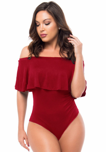 Dames Zomer Rood Sexy Off-the-shoulder Korte Mouwen Solid Ruches Bodysuit