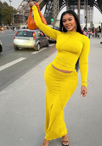 Women Summer Yellow Casual O-Neck Full Sleeves Solid Regular MidiTwo Piece Skirt Set