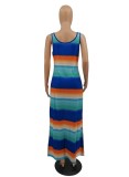 Women Summer Stripes Print U-neck Sleeveless Casual Long Dress