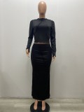 Women Spring Black Casual O-Neck Full Sleeves Regular MidiTwo Piece Skirt Set