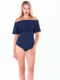 Women Summer Dark Blue Sexy Off-the-shoulder Short Sleeves Solid Ruffles Bodysuit