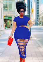 Women Summer Blue Casual O-Neck Short Sleeves Solid Ripped Hollow Out Midi Plus Size Long Dress