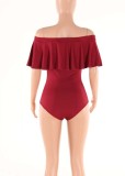 Women Summer Red Sexy Off-the-shoulder Short Sleeves Solid Ruffles Bodysuit