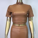 Women Spring Khaki Sexy Turtleneck Short Sleeves Solid PU Leather Stacked Two Piece Pants Set