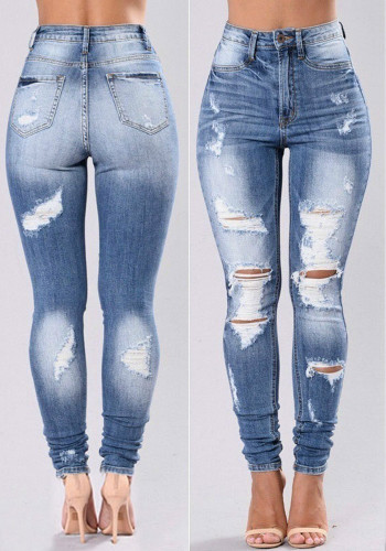 Calça jeans feminina primavera azul lápis cintura alta rasgada até o tornozelo