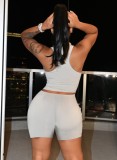 Women Summer White Sexy U-neck Long Sleeve Solid Two Piece Shorts Set