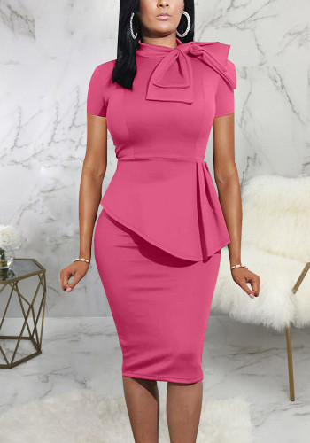 Vestido de escritório feminino de verão rosa formal manga curta com comprimento até o joelho