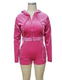 Women Spring Rose Hooded Long Sleeve Solid Two Piece Shorts Set