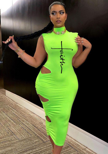 Vestido midi feminino primavera verde sexy gola alta sem mangas com estampa de letras vazadas