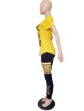 Women Summer Yellow Casual O-Neck Short Sleeves Letter Print Two Piece Pants Set