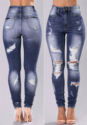 Calças jeans femininas primavera DK-azul lápis jeans cintura alta rasgadas