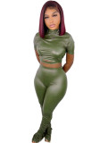 Women Spring Green Sexy Turtleneck Short Sleeves Solid PU Leather Stacked Two Piece Pants Set