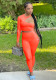 Women Spring Orange Sexy O-Neck One Shoulder Long Sleeve Solid Hollow Out Two Piece Pants Set