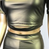 Women Spring Green Sexy Turtleneck Short Sleeves Solid PU Leather Stacked Two Piece Pants Set