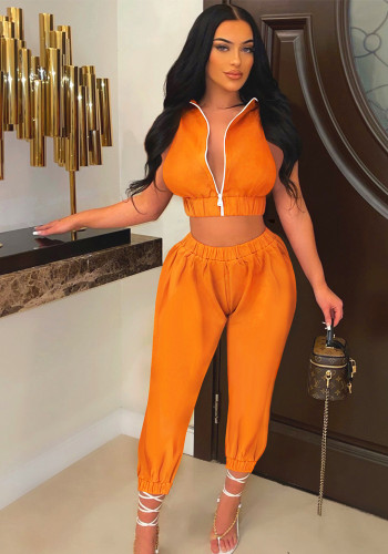 Conjunto de calças femininas verão laranja casual com zíper sem mangas duas peças