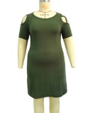 Women Summer Green Casual O-Neck Short Sleeves Solid Hollow Out Mini Plus Size Casual Dress