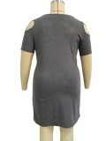 Women Summer Grey O-Neck Short Sleeves Solid Hollow Out Mini Plus Size Casual Dress