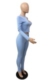 Women Spring Blue Sexy O-Neck One Shoulder Long Sleeve Solid Hollow Out Two Piece Pants Set