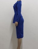 Women Spring Blue Formal Bow Long Sleeve Solid Knee-Length Office Dress