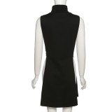 Women Spring Black Streetwear Turtleneck Sleeveless Letter Print Slit Mini dress
