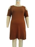 Women Summer Brown O-Neck Short Sleeves Solid Hollow Out Mini Plus Size Casual Dress