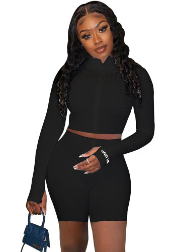 Women Spring Black Casual Long Sleeve Letter Emb Zippers Two Piece Shorts Set