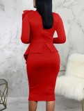 Women Spring Red Formal Bow Long Sleeve Solid Knee-Length Office Dress