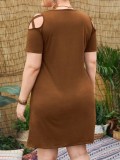 Women Summer Brown O-Neck Short Sleeves Solid Hollow Out Mini Plus Size Casual Dress