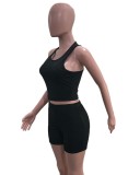 Women Summer Black Sexy U-neck Sleeveless Solid Two Piece Shorts Set
