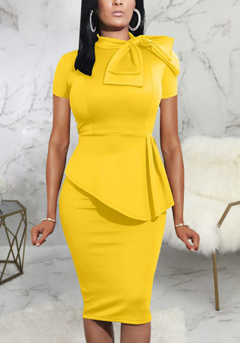 Vestido de escritório feminino de verão amarelo formal manga curta com comprimento até o joelho