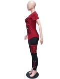 Women Summer Red Casual O-Neck Short Sleeves Letter Print Two Piece Pants Set