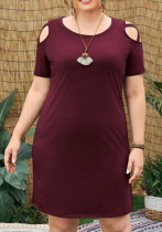 Женское летнее бордовое платье с круглым вырезом и короткими рукавами, сплошное открытое мини-платье больших размеров