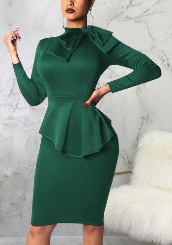 Vestido de escritório feminino com laço formal verde primavera manga longa até o joelho