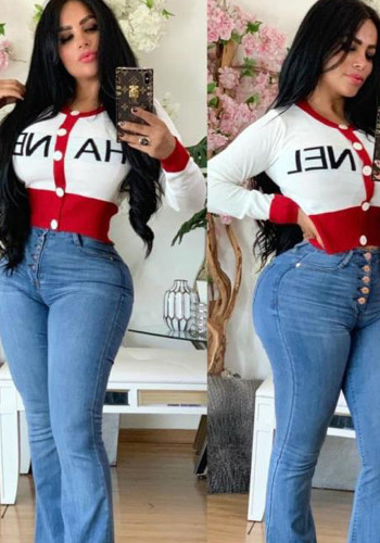 Women Spring Red O-Neck Long Sleeve Letter Print  Sweaters