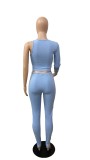 Women Spring Blue Sexy O-Neck One Shoulder Long Sleeve Solid Hollow Out Two Piece Pants Set