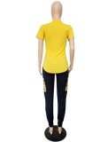Women Summer Yellow Casual O-Neck Short Sleeves Letter Print Two Piece Pants Set