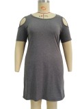 Women Summer Grey O-Neck Short Sleeves Solid Hollow Out Mini Plus Size Casual Dress